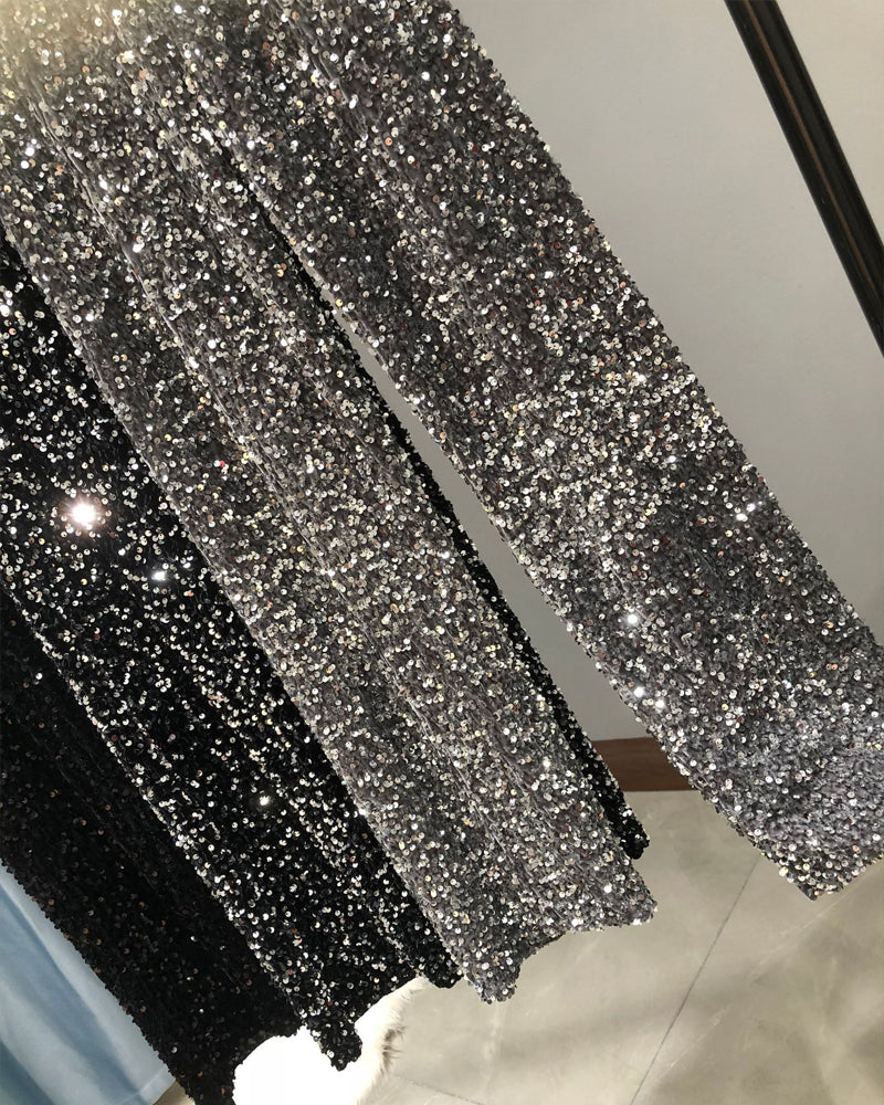 Women's Sequined Velvet Drawstring Loose Wide-Leg Straight Pants