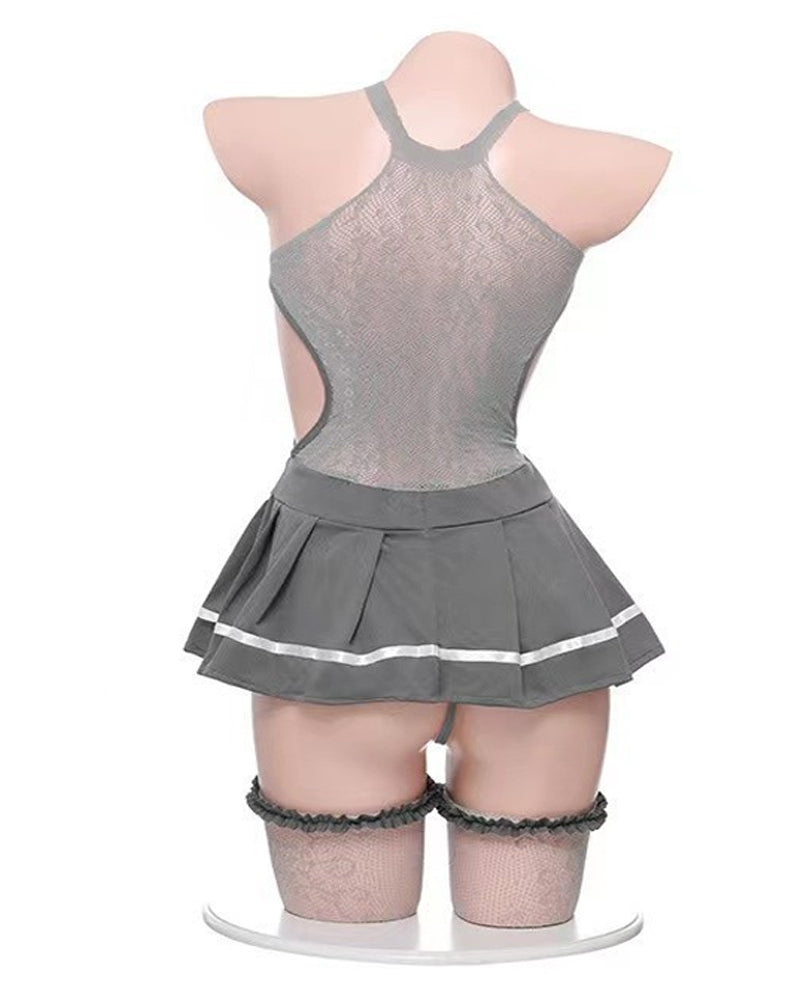 Sexy Schoolgirl Uniform Fishnet Pleated Skirt Pajamas with Stockings Set