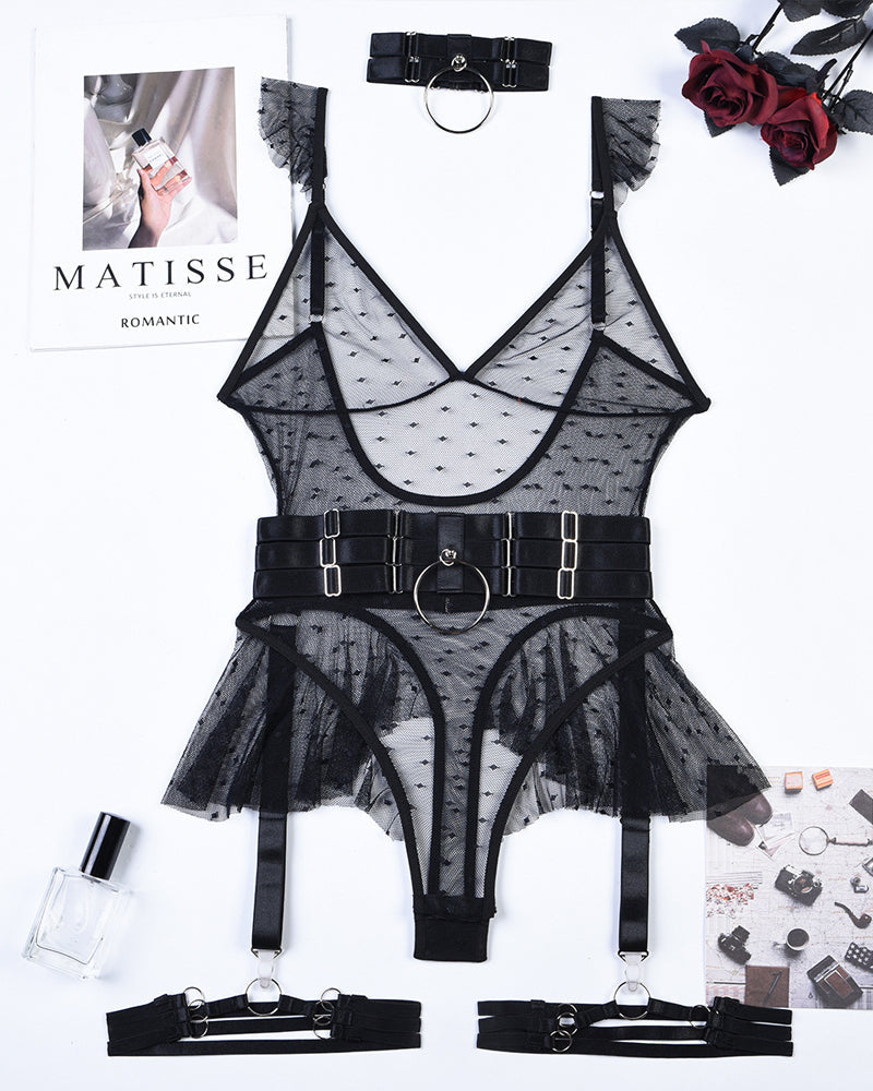Sexy Polka Dot Mesh Bodysuit with Halter Neck Waist and Leg Rings