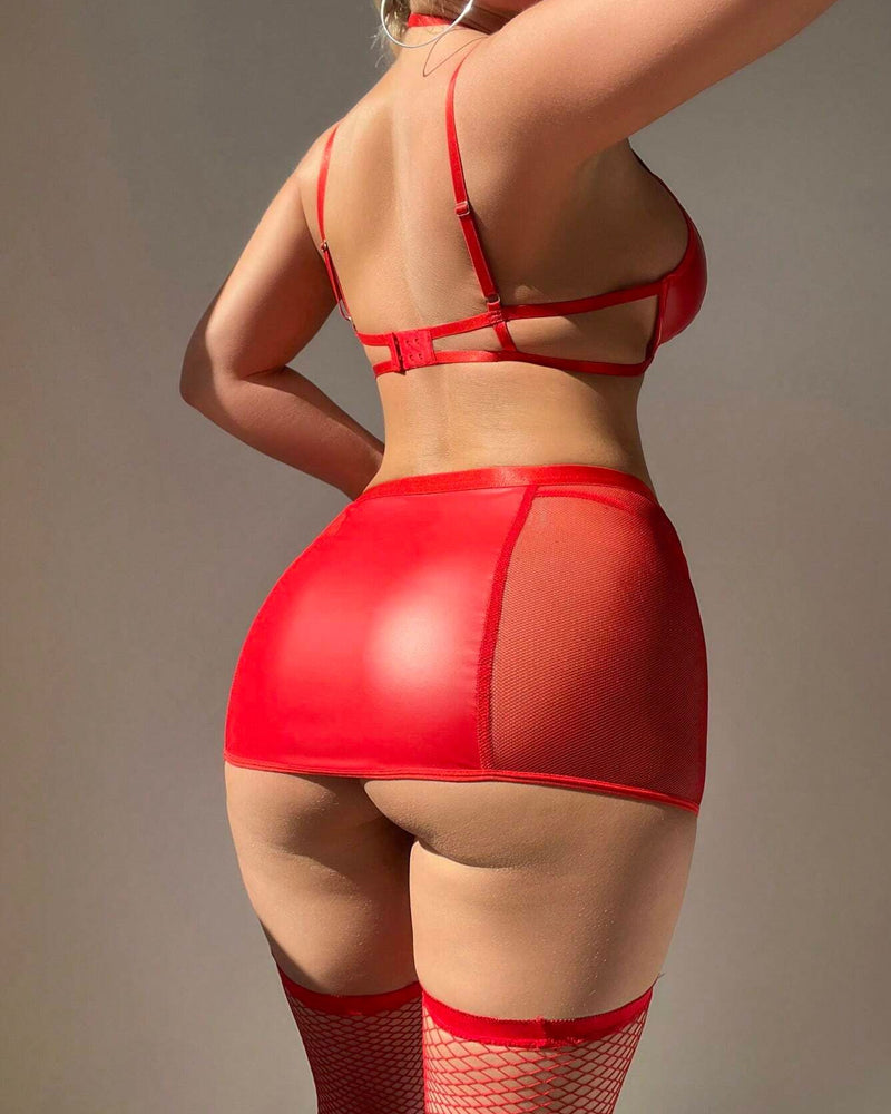 See Through Mesh Leather Stitching Lace Up Lingerie Set