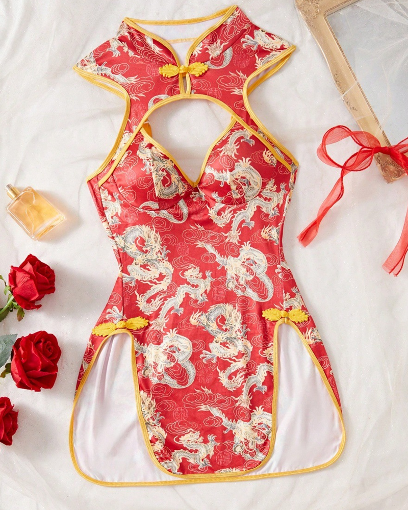 Sexy Dragon Print Cutout Cheongsam Lingerie Dress