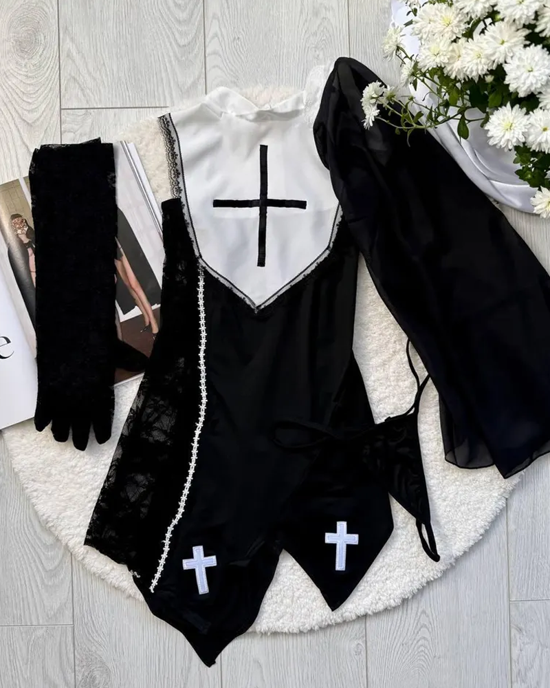 Gothic Nun Costume Lace Mini Dress Lingerie Set with Veil & Stockings