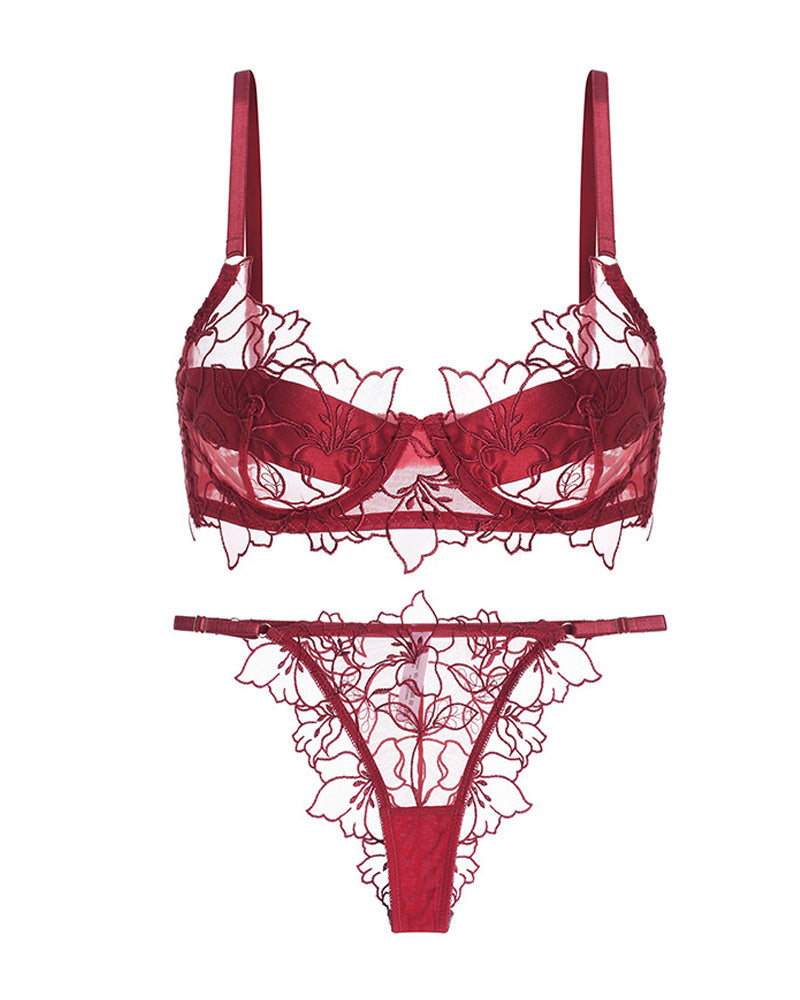 Sexy Floral Embroidered Lace See-through Mesh Bra and Briefs Set