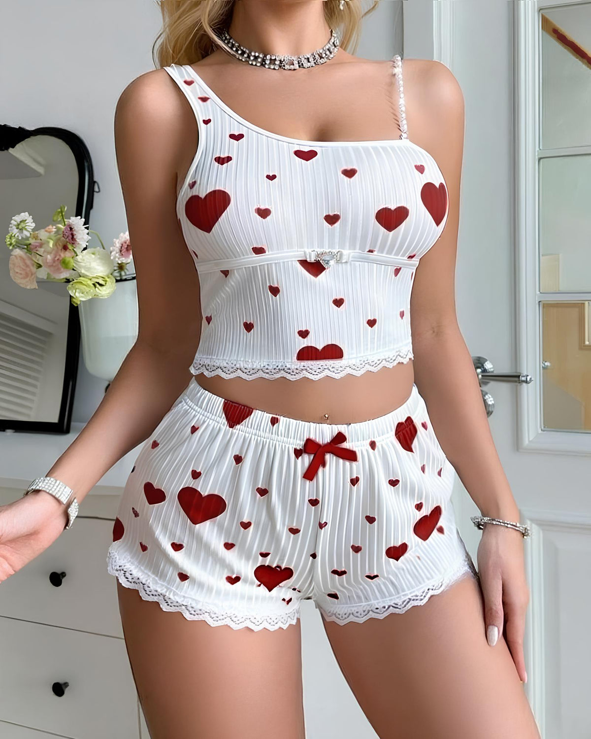 Sexy Heart-print One-shoulder Tank Top and Shorts Loungewear Set