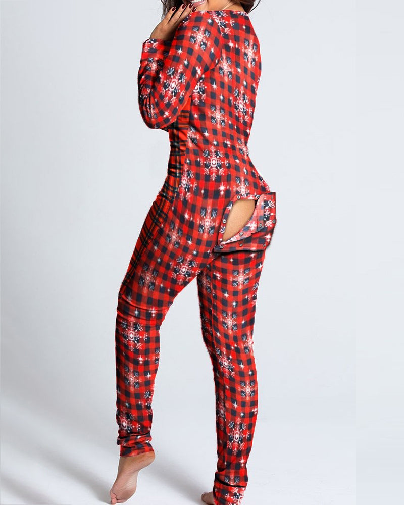 Christmas Deep V-neck Long-sleeved Back Button Closure Jumpsuit PJajama