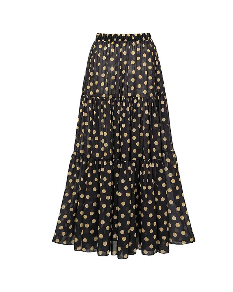 Beach Vacation Polka Dot Colorblock One-piece Swimsuit and Long Skirt