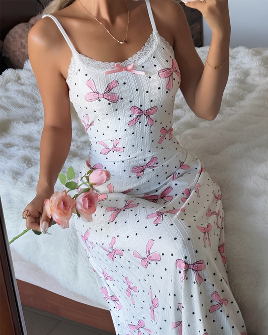 Bow Print Lace Trim Maxi Nightdress with Spaghetti Straps