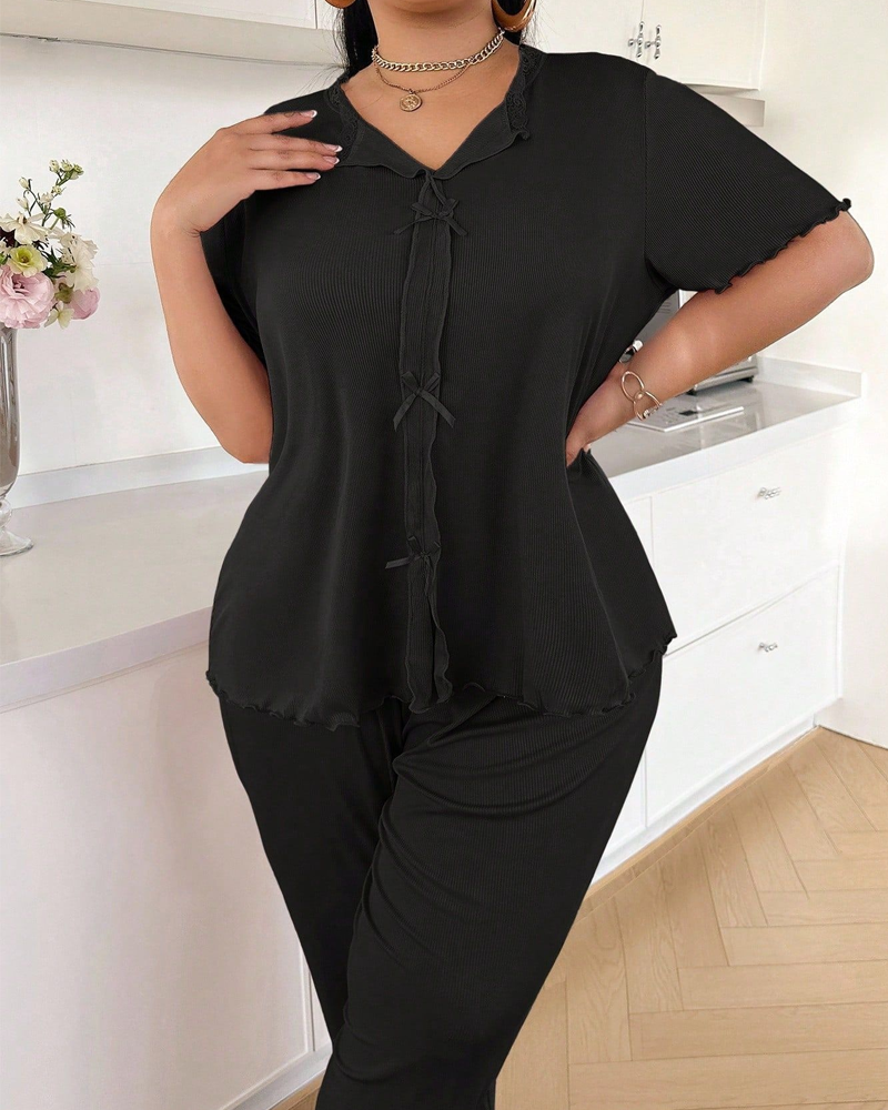 Plus Size Ribbed Lace Trim Pajama Set