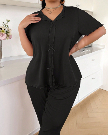 Plus Size Ribbed Lace Trim Pajama Set