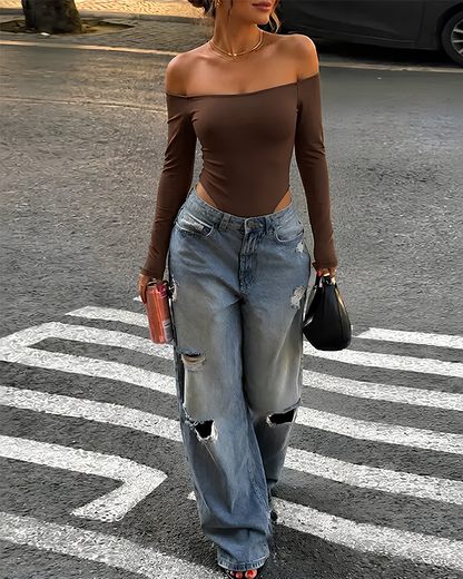 Sexy Long Sleeve Slim Fit Off Shoulder Bodysuit with Built-In Bra