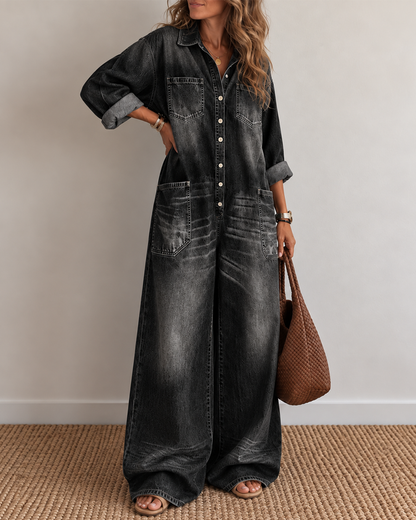 Sexy Button-Front Denim Shirt Loose Wide-Leg Jumpsuit