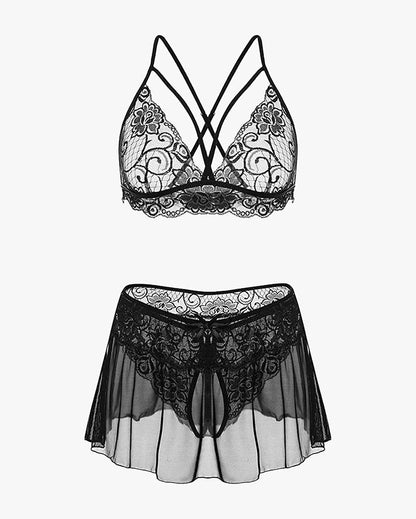 3 Piece Sets Lace Bralette, Skirt with Panty