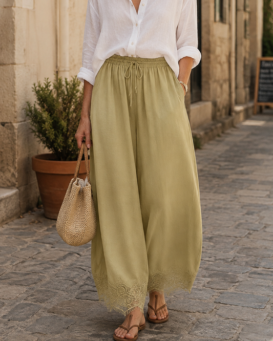 Elegant & Comfortable Lace-Trim Chiffon Wide-Leg Pants