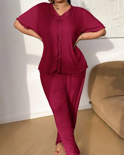 Plus Size Ribbed Lace Trim Pajama Set