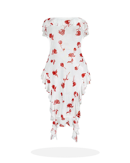 Sheer Rose Print Ruffle Cutout Lingerie Dress