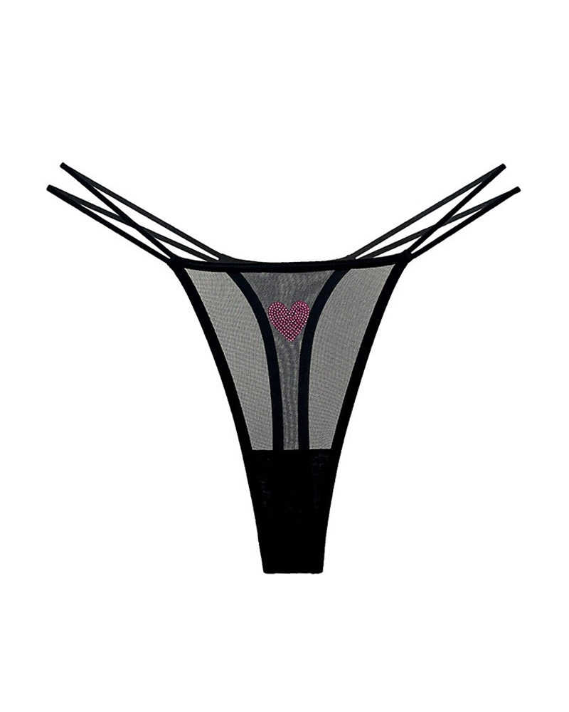 3-Pack Rhinestone Heart Sheer Mesh Thong Panties