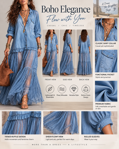 Retro Casual Lapel Faux Denim Chiffon Patchwork Long Dress