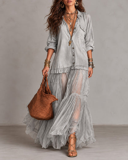 Retro Casual Lapel Faux Denim Chiffon Patchwork Long Dress