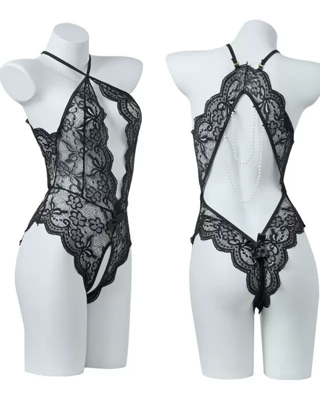 Sexy Lace Open Crotch Tights Pearl Backless Pajamas