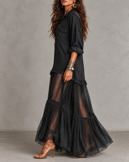 Retro Casual Lapel Faux Denim Chiffon Patchwork Long Dress