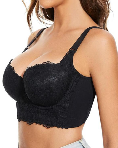 Women Lace Wide Back Underwired Longline Corset Push Up Bras