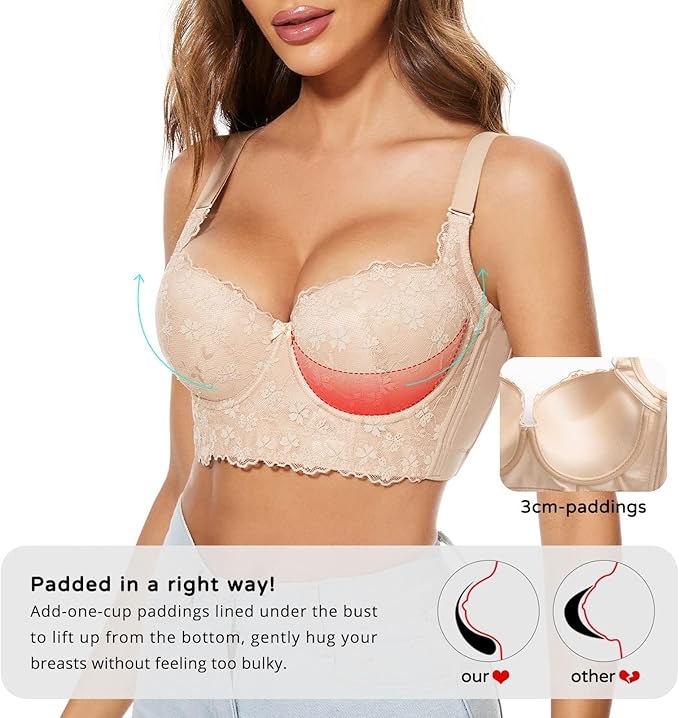Women Lace Wide Back Underwired Longline Corset Push Up Bras