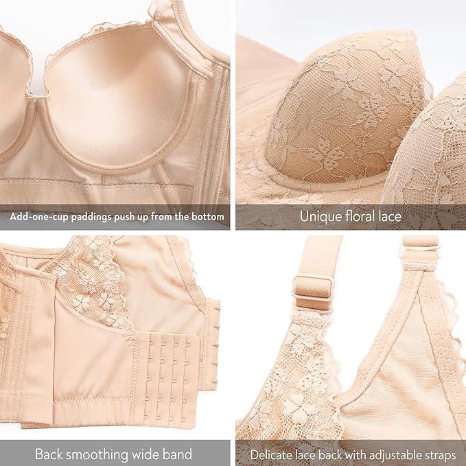 Women Lace Wide Back Underwired Longline Corset Push Up Bras