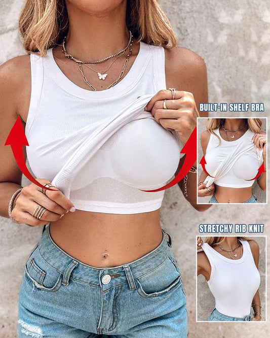 Women's Casual Comfort Round Neck Built-in Bra Ribbed Sleeveless Tank Top