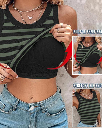 Women's Casual Comfort Round Neck Built-in Bra Ribbed Sleeveless Tank Top