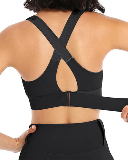 Women's Zipper Front High-Strength Support Adjustable Straps Cross Back Short Fitness Sports Bra