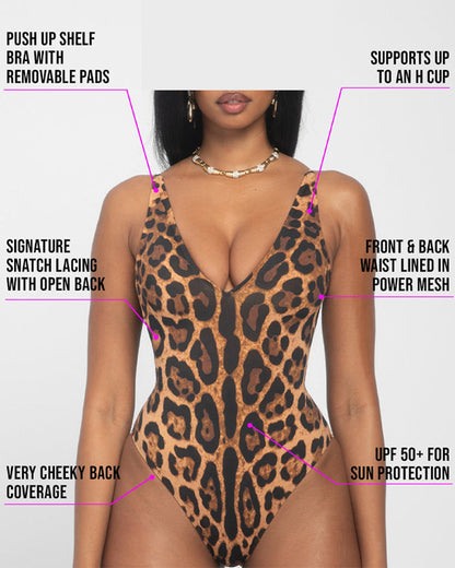 Women's Deep V Sexy Leopard Print Back Drawstring Waist Shaping One-Piece Swimsuit