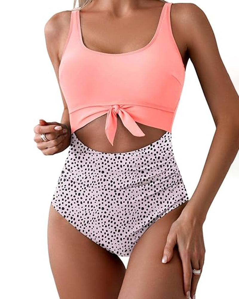 Women's Contrast Color Stitch Hollow Design Lace-Up One-Piece Swimsuit
