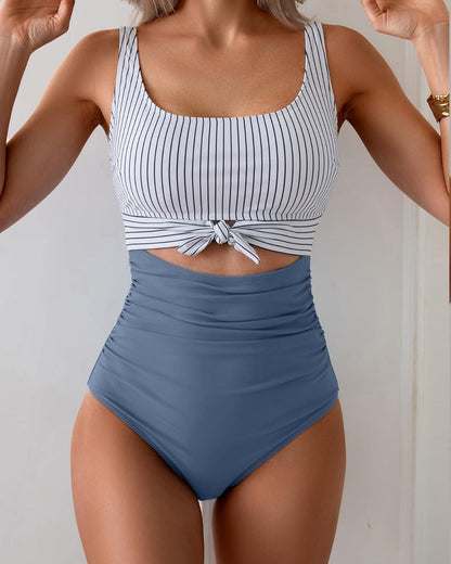 Women's Contrast Color Stitch Hollow Design Lace-Up One-Piece Swimsuit