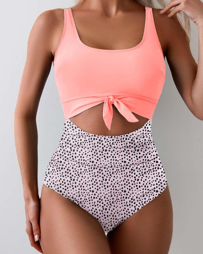 Women's Contrast Color Stitch Hollow Design Lace-Up One-Piece Swimsuit