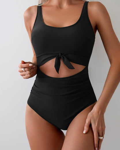 Women's Contrast Color Stitch Hollow Design Lace-Up One-Piece Swimsuit
