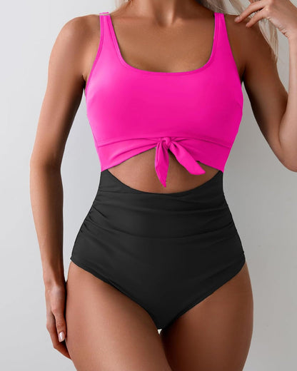 Women's Contrast Color Stitch Hollow Design Lace-Up One-Piece Swimsuit