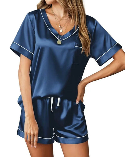 Women's Summer V-neck Short Sleeve Top and Shorts Soft Ice Silk Pajamas Home Set