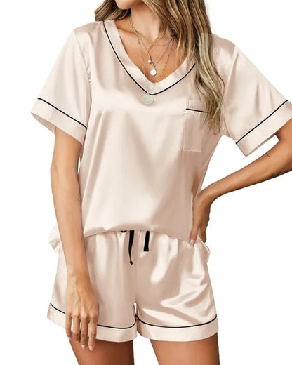 Women's Summer V-neck Short Sleeve Top and Shorts Soft Ice Silk Pajamas Home Set