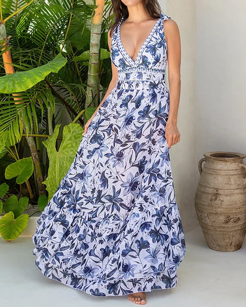 Retro Floral Colorblock Print V-Neck Lace-Up One-Piece Swimsuit and Skirt
