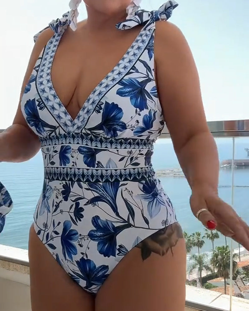 Retro Floral Colorblock Print V-Neck Lace-Up One-Piece Swimsuit and Skirt