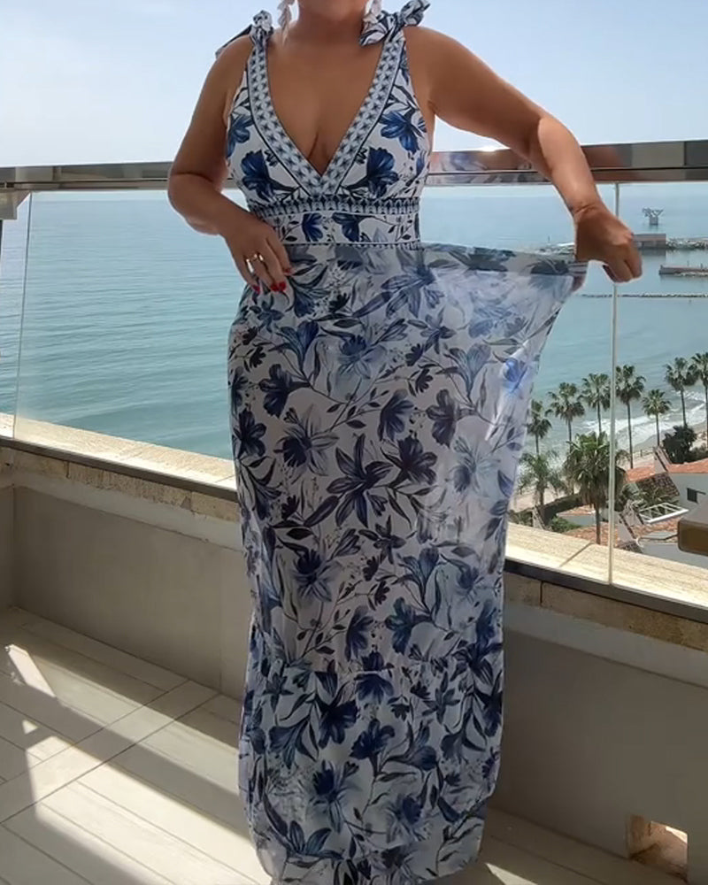 Retro Floral Colorblock Print V-Neck Lace-Up One-Piece Swimsuit and Skirt