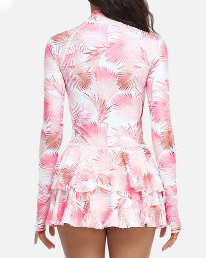 Beach Vacation Print UPF50+ Ruffled Skirt Long Sleeve One-Piece Swimsuit
