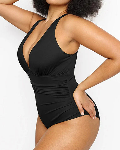 Beach Vacation Solid Color Deep V Sexy One-Piece Swimsuit