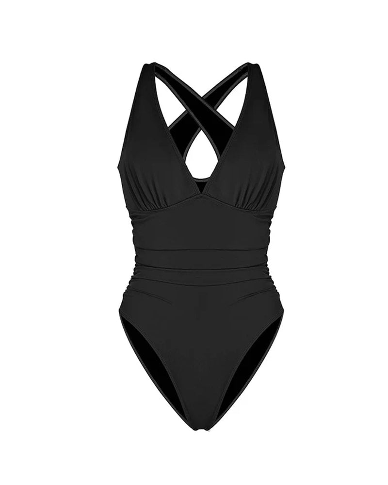 Beach Vacation Solid Color Deep V Sexy One-Piece Swimsuit
