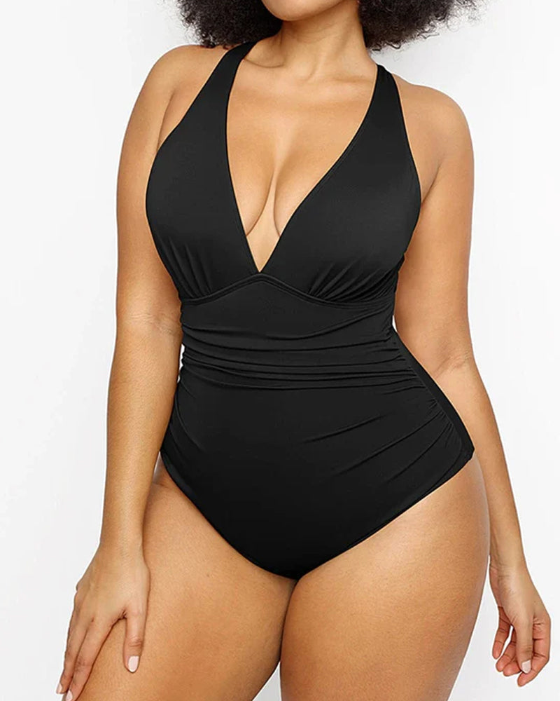 Beach Vacation Solid Color Deep V Sexy One-Piece Swimsuit