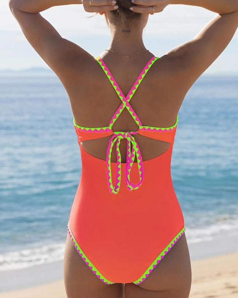Women's Contrast Color Cross Strap Sexy Sleeveless Low Cut One-Piece Swimsuit