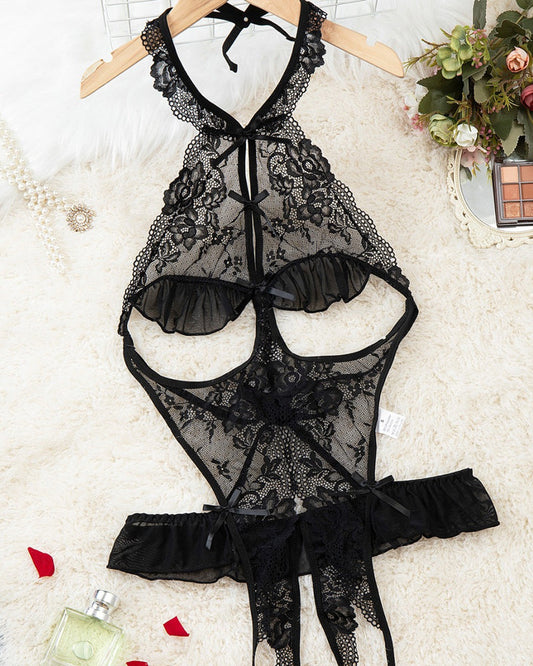 Women's Sexy Hollow Backless Transparent Floral Lace Open Crotch Design Bodysuit