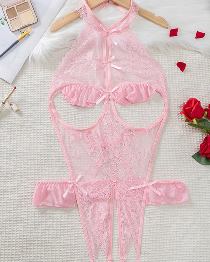 Women's Sexy Hollow Backless Transparent Floral Lace Open Crotch Design Bodysuit