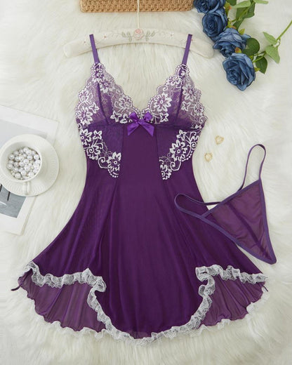 Sexy Deep V Contrast Lace Mesh Bow Decoration Suspender Nightdress (With Thong)