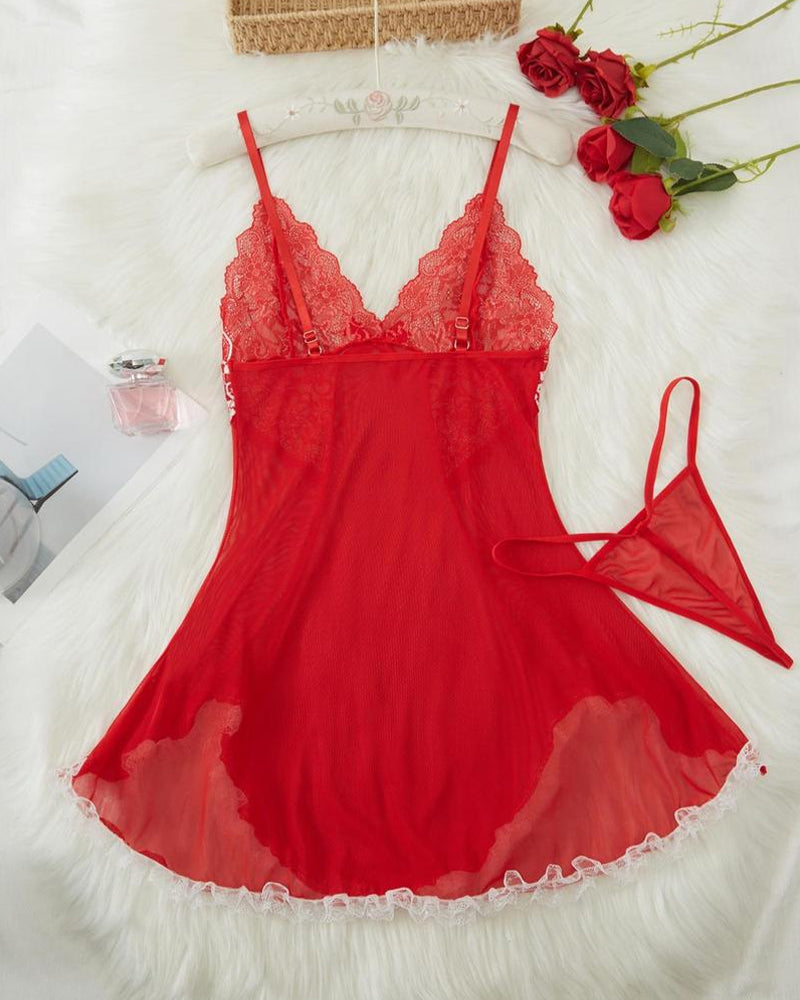 Sexy Deep V Contrast Lace Mesh Bow Decoration Suspender Nightdress (With Thong)